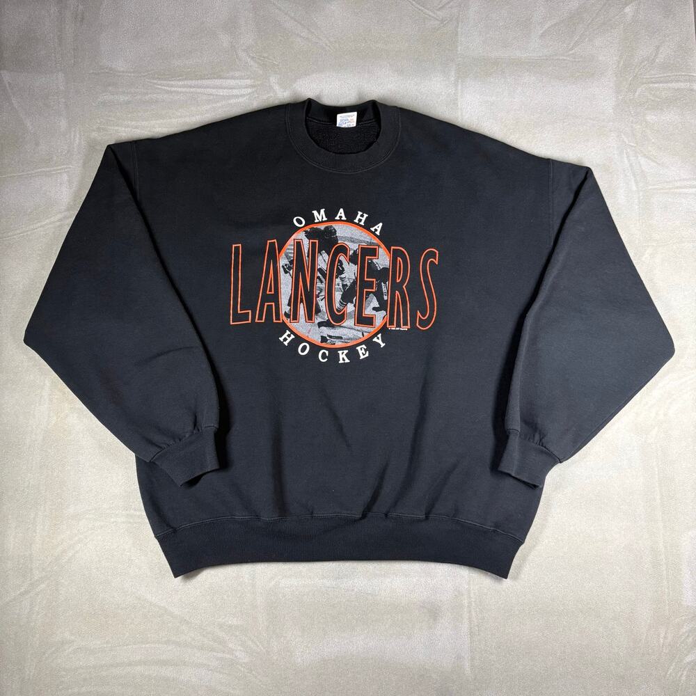 Vintage Omaha Lancers Hockey Crewneck Sweatshirt Black USA Made 2XL Russell